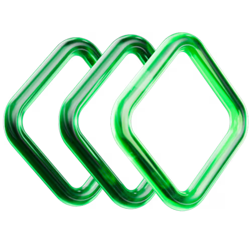 Three overlapping green transparent diamond shapes with rounded edges on a transparent background.