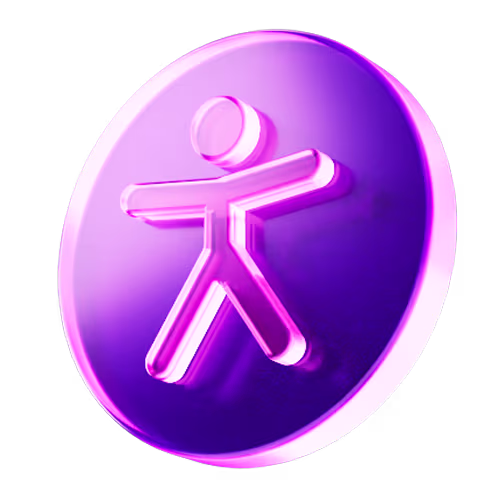 Purple 3D circular icon featuring a stylized human figure with arms and legs extended.