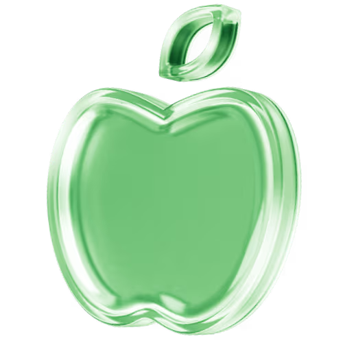 Shiny green translucent icon of an apple with a leaf.