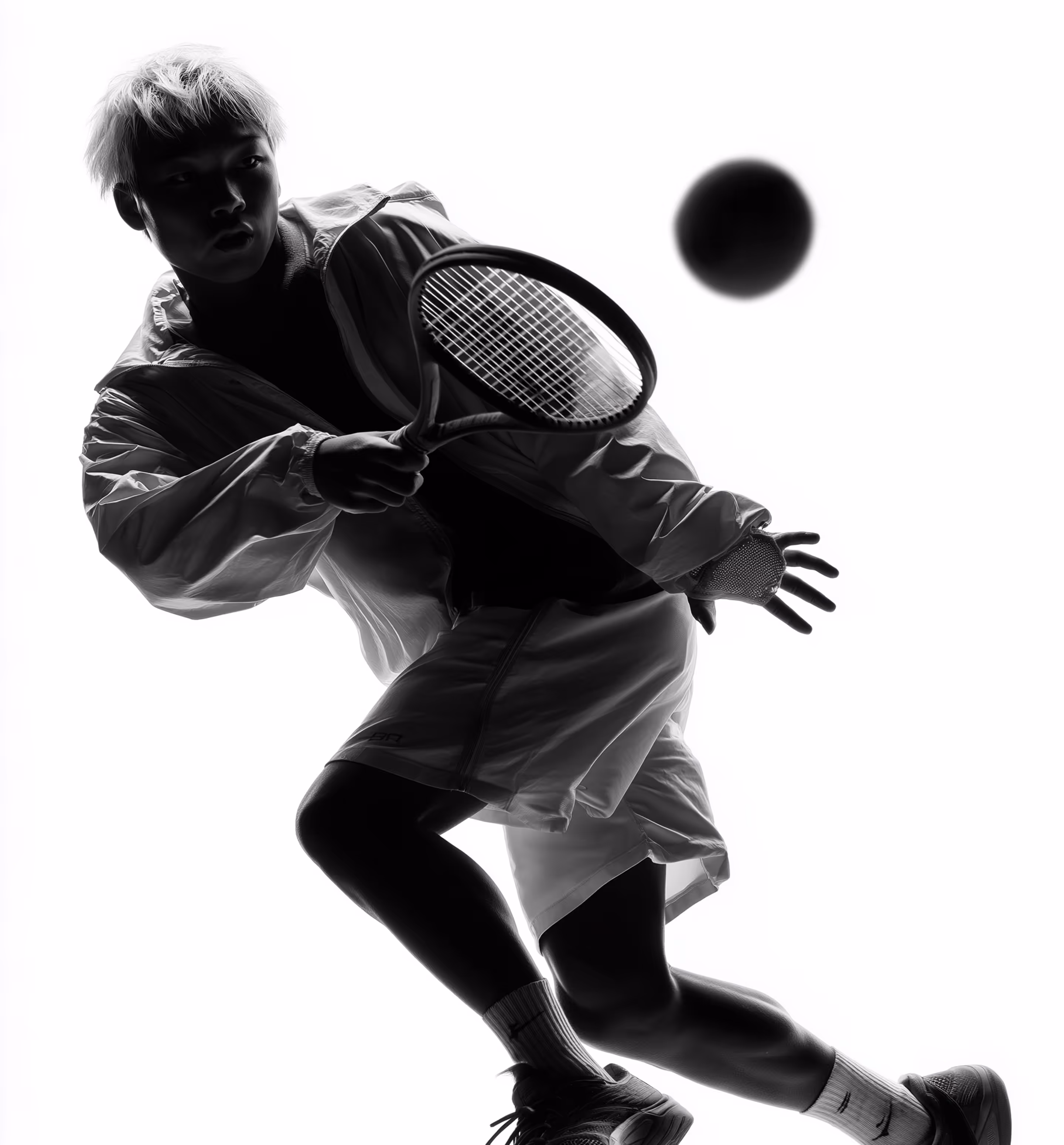 Silhouetted tennis player with racket preparing to hit a ball in mid-air.