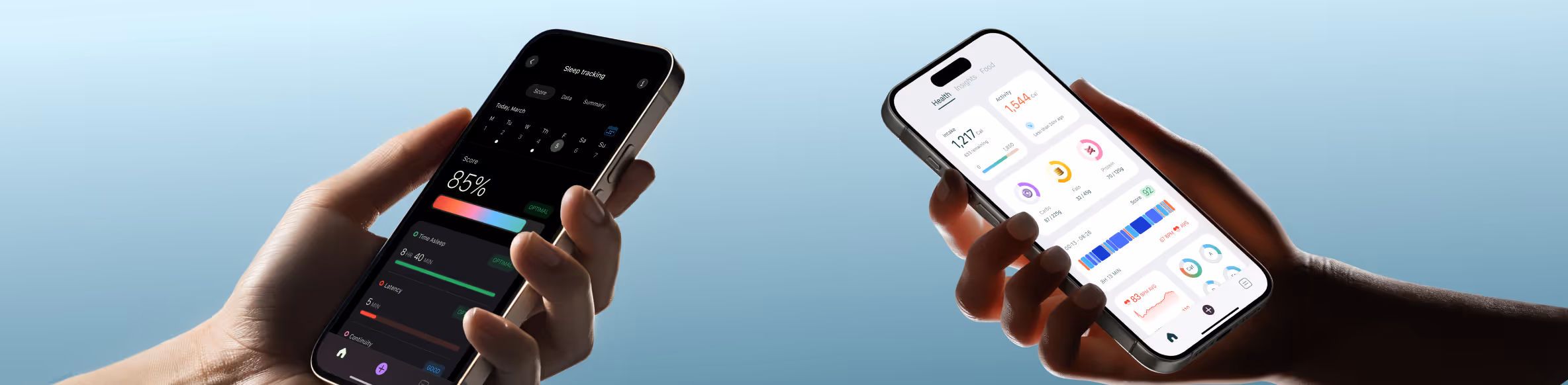 Two hands each holding a smartphone showing health and sleep tracking app screens with metrics and graphs on a light blue background.