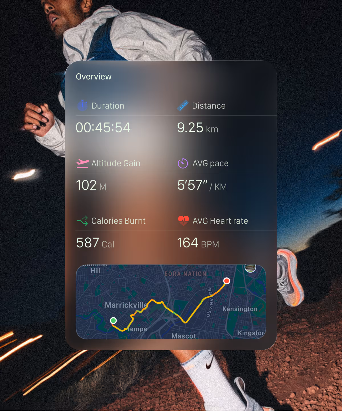 Running app overview displaying 45 minutes 54 seconds duration, 9.25 km distance, 102 m altitude gain, 5'57" average pace per km, 587 calories burnt, 164 bpm average heart rate, and route map from Marrickville to Kensington.