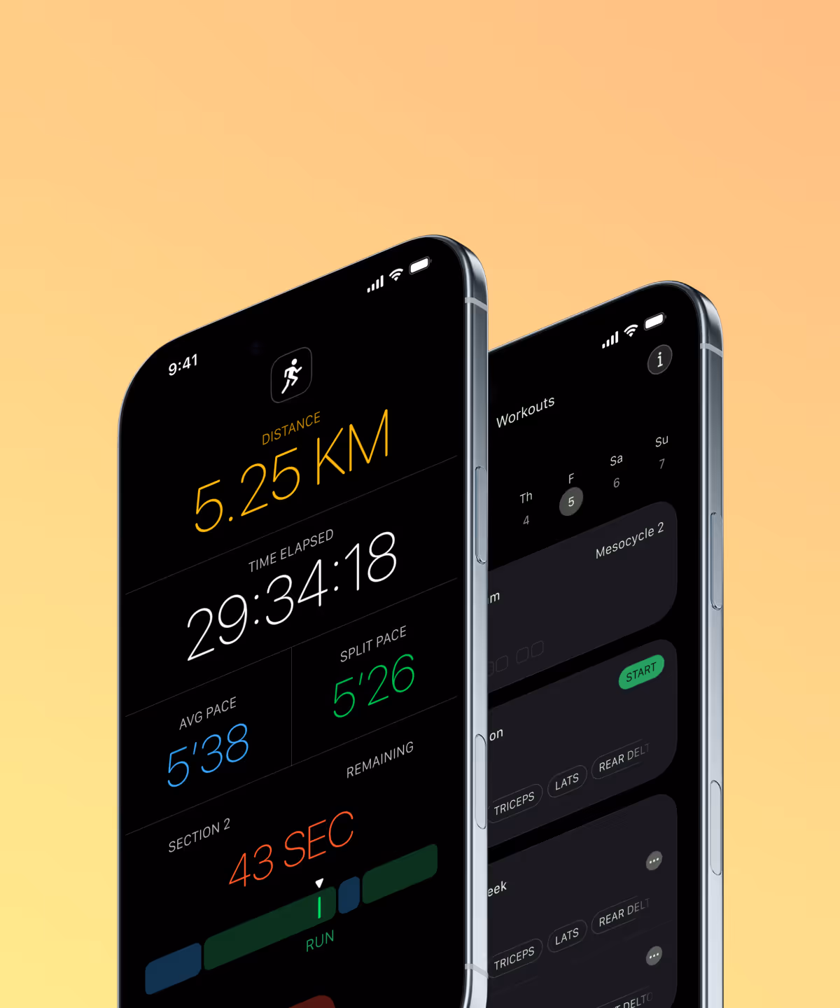 Two smartphones displaying a fitness app with running statistics including distance, time elapsed, pace, and workout schedule.