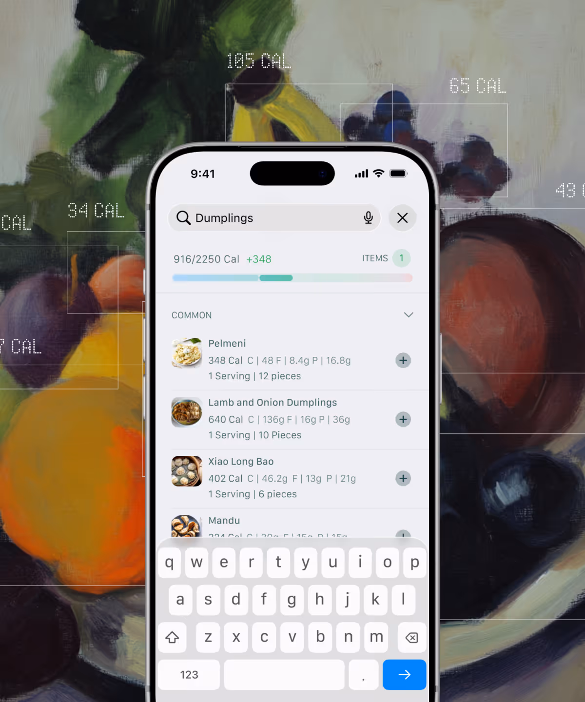 Smartphone screen showing a food calorie search for dumplings with nutritional info and calories for various dumpling types overlaid on a fruit painting background.