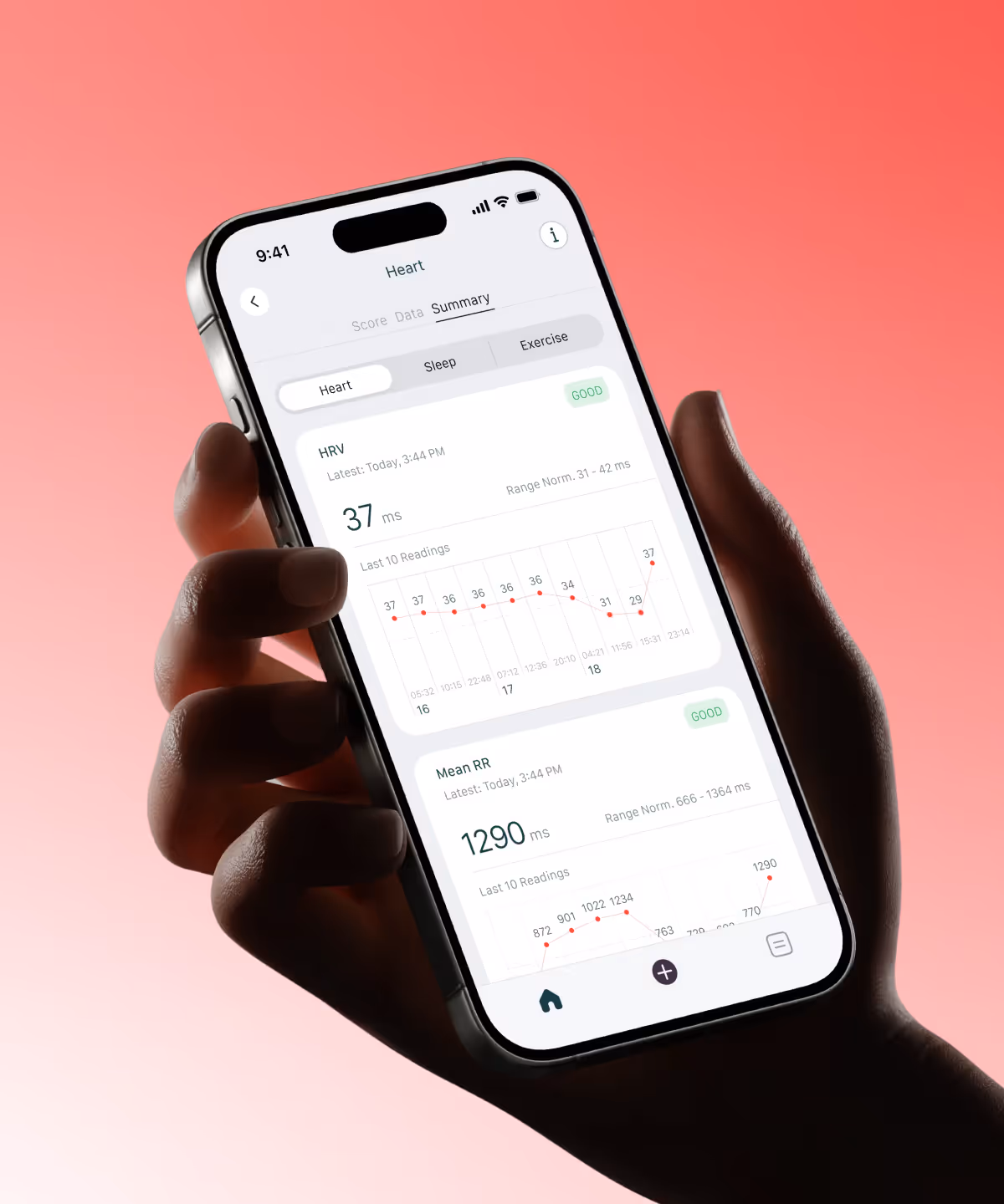Hand holding a smartphone displaying a health app with heart rate variability and mean RR readings labeled as good.