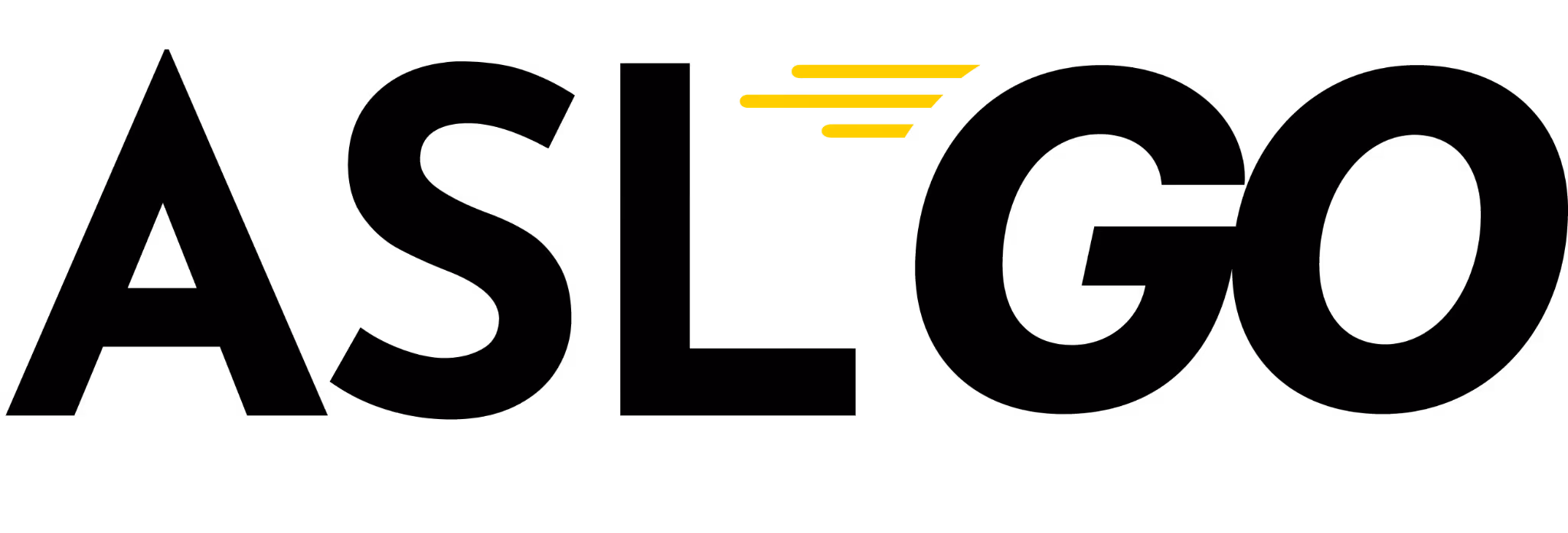 ASL Go logo is displayed in black text, with three yellow lines before the word, Go.