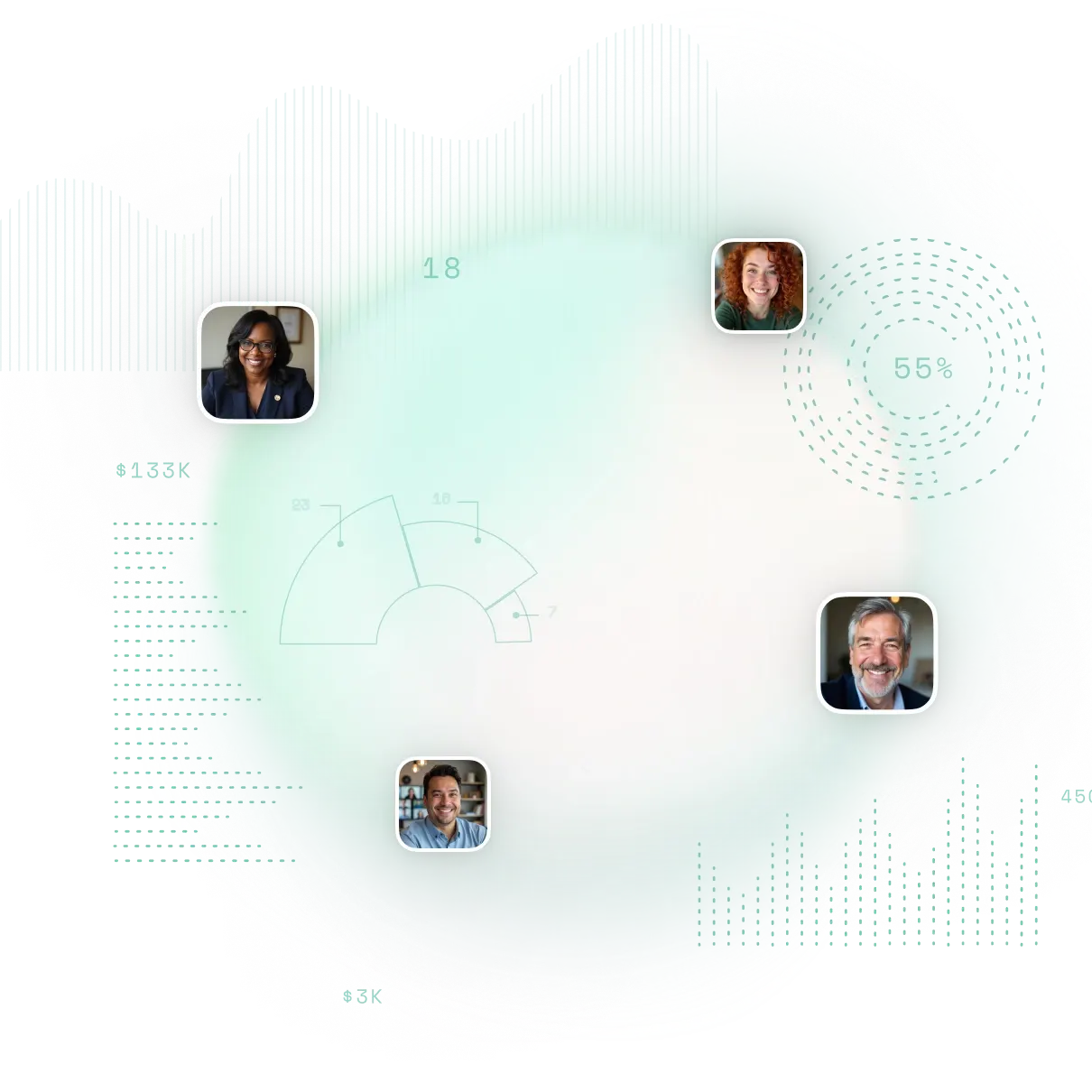 Four smiling professional headshots positioned over abstract data visualization graphics with percentage and numerical indicators on a soft gradient background.