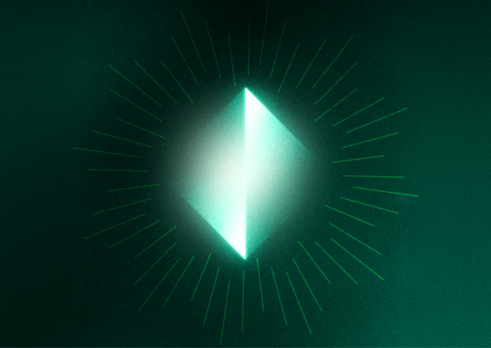 Glowing teal geometric shape with radiating lines on a dark background.
