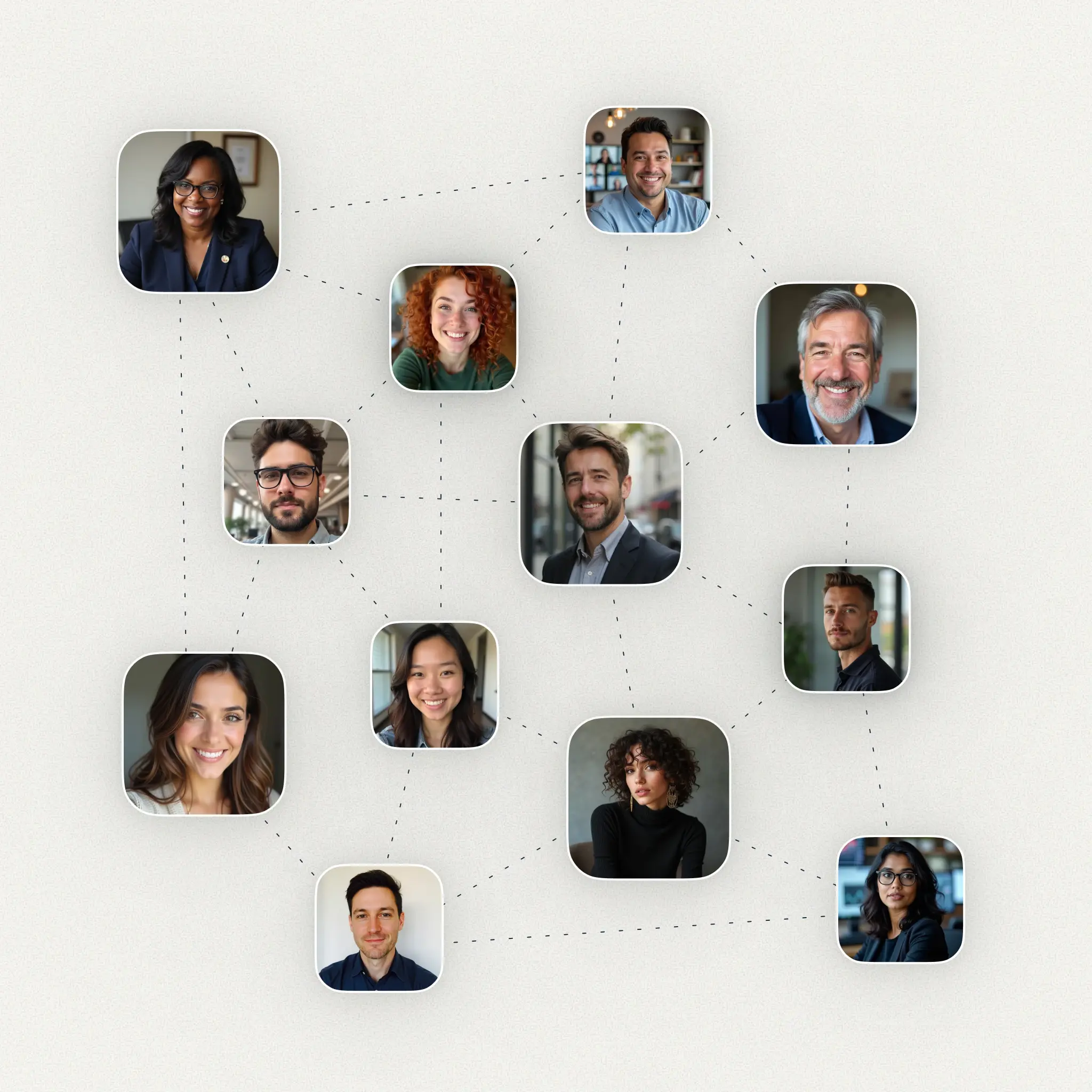 Network of diverse smiling professionals connected by dotted lines on a light background.
