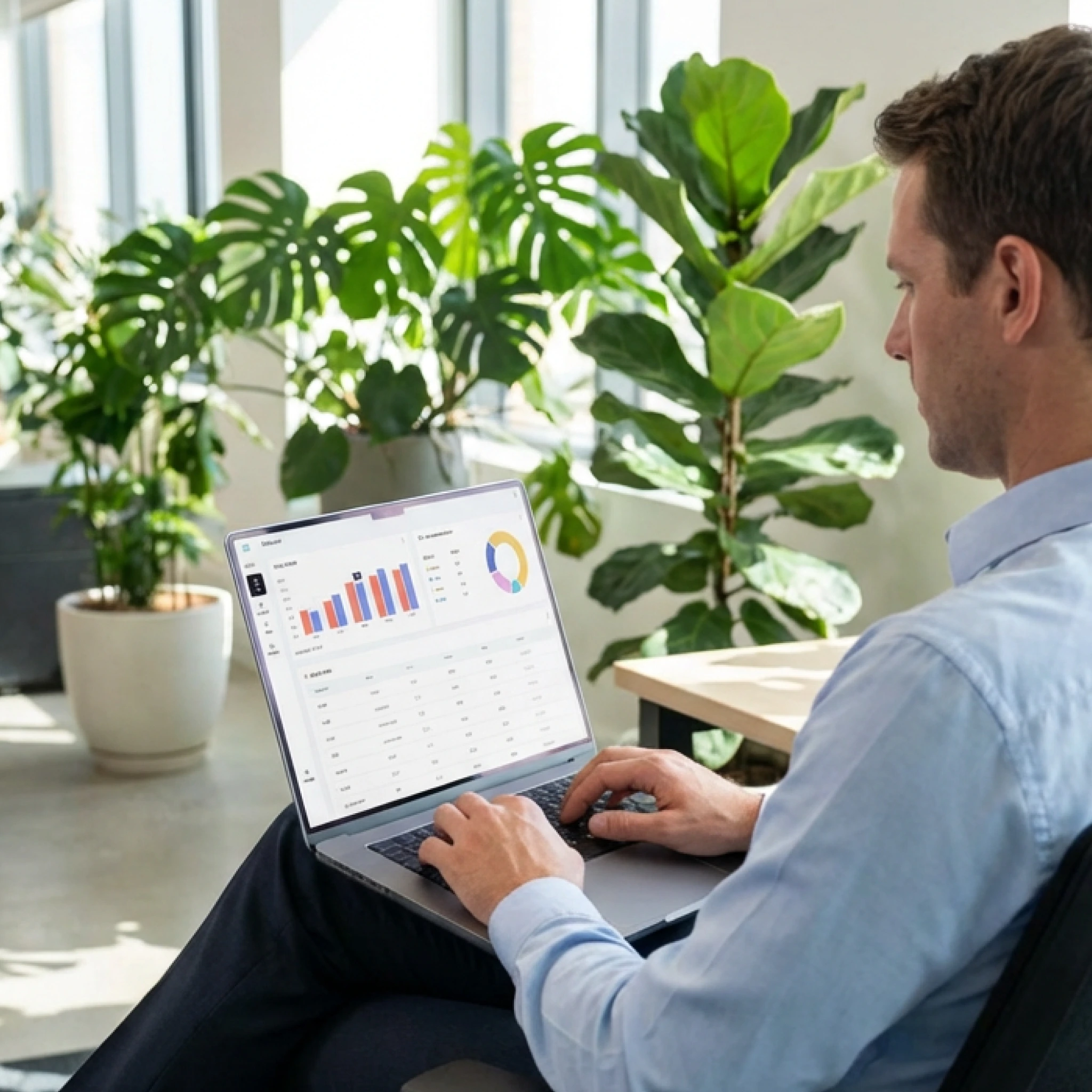 Man in light blue shirt working on a laptop displaying graphs and data tables in a bright room with large green plants.