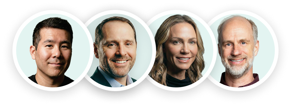 Portraits of four smiling people in circular frames with light backgrounds.