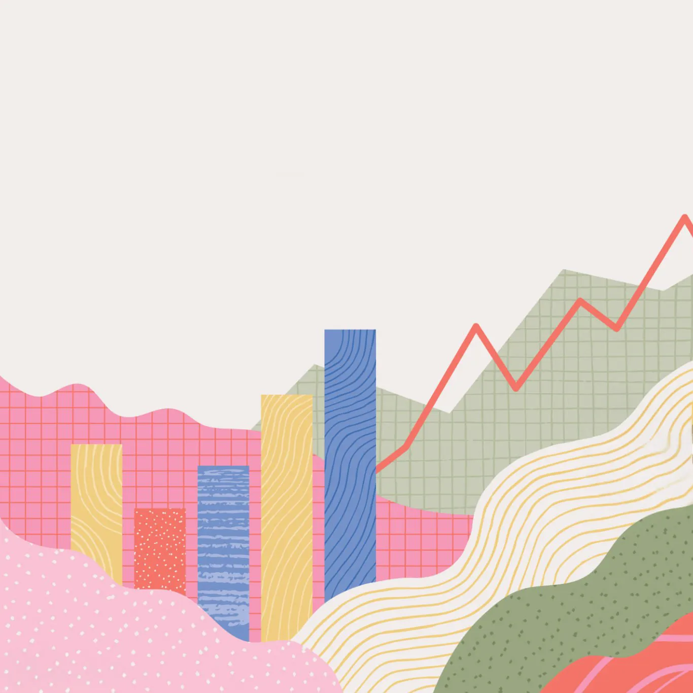 Colorful abstract graph with vertical bars, a red line chart, and layered wavy patterns in pink, yellow, blue, green, and beige.