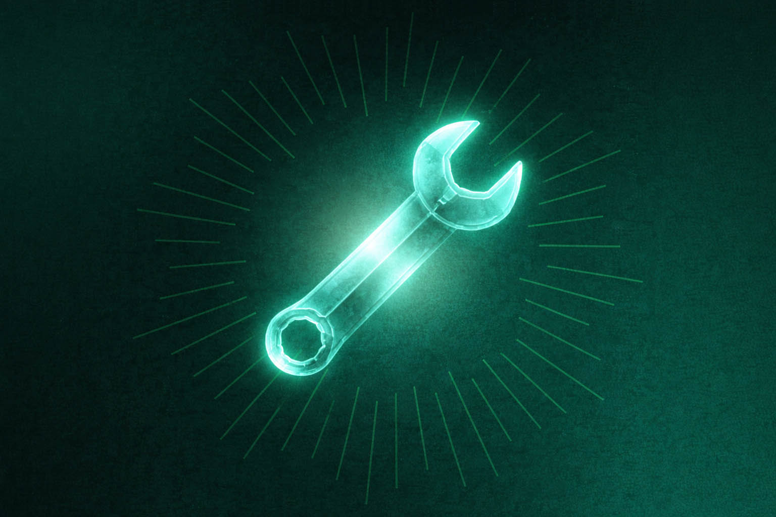 Glowing teal geometric shape with radiating lines on a dark background.