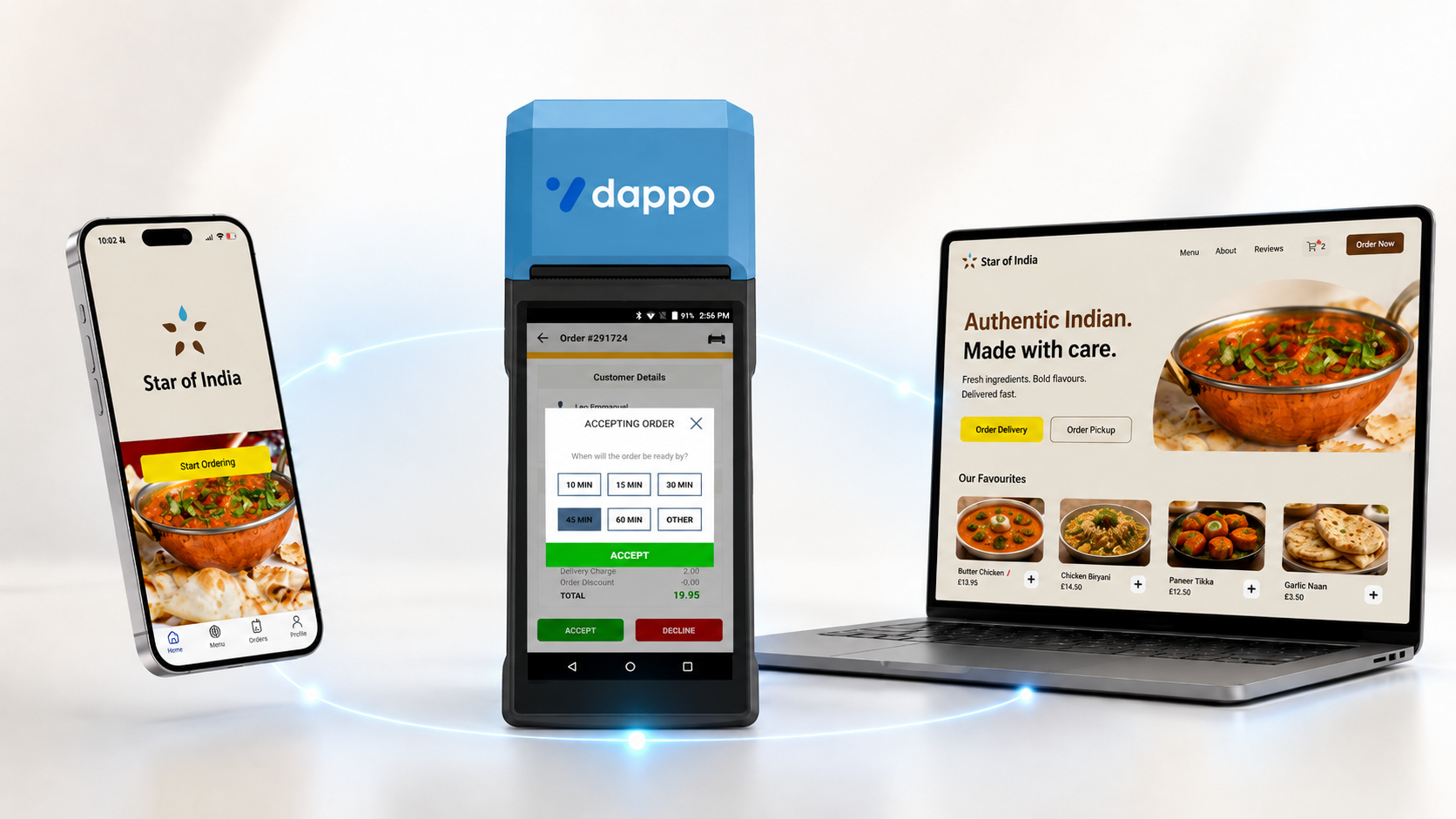 Star of India branded app, Dappo order terminal and Star of India online ordering working together