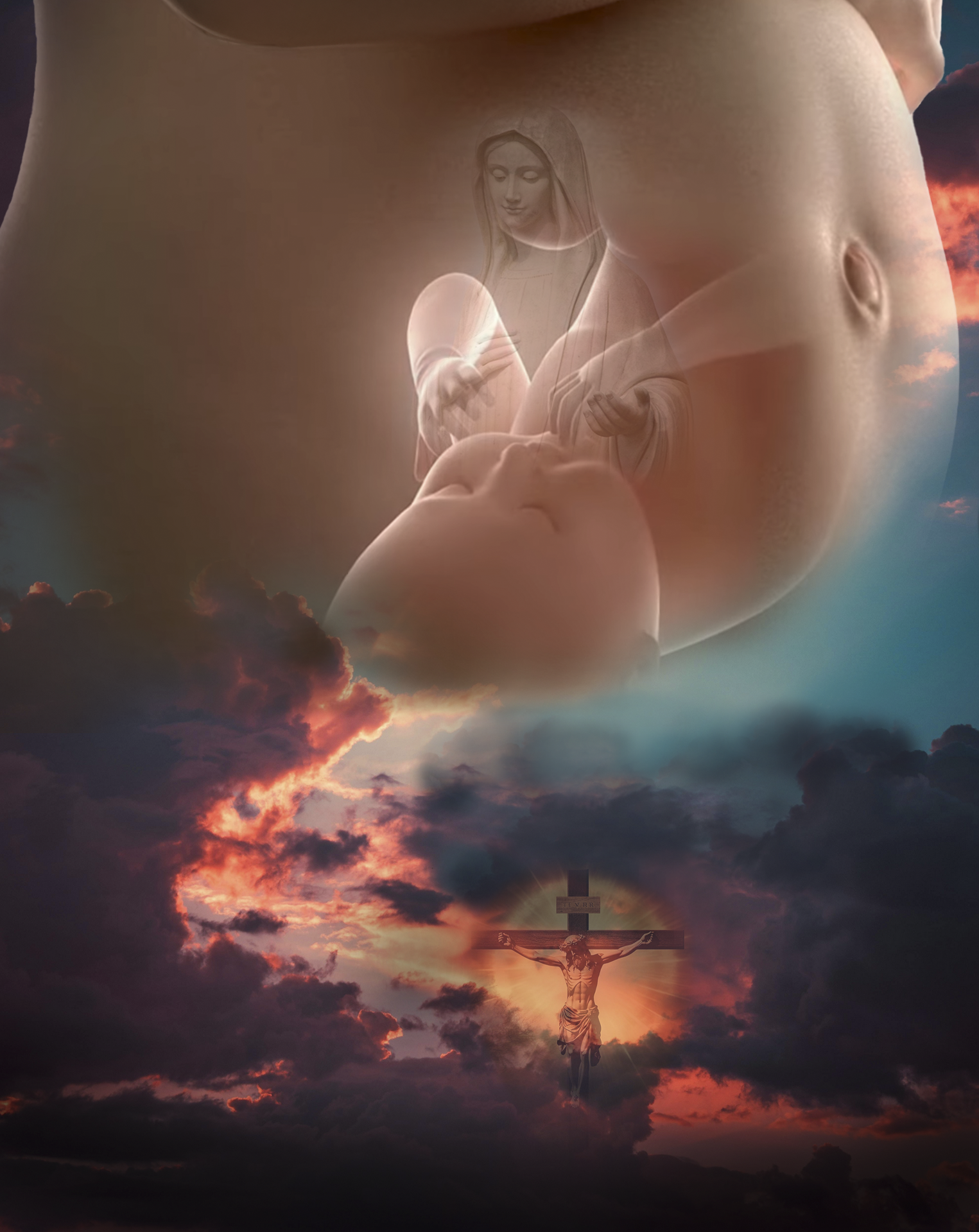 Surreal image combining a baby in the womb with a faint statue of Virgin Mary and a crucifix of Jesus against a dramatic sunset sky with dark clouds.