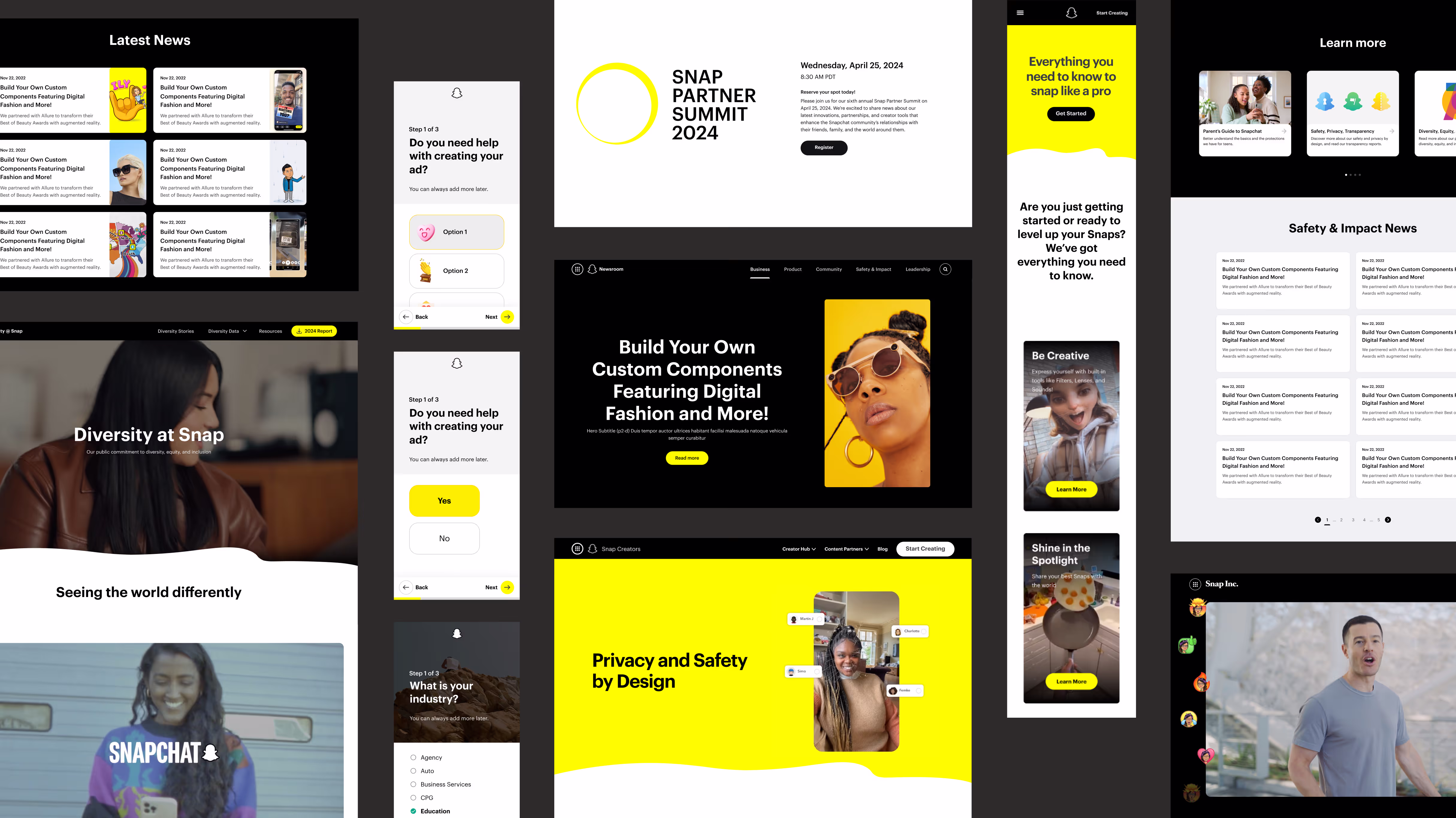 Various views of screens from Snap's web platforms