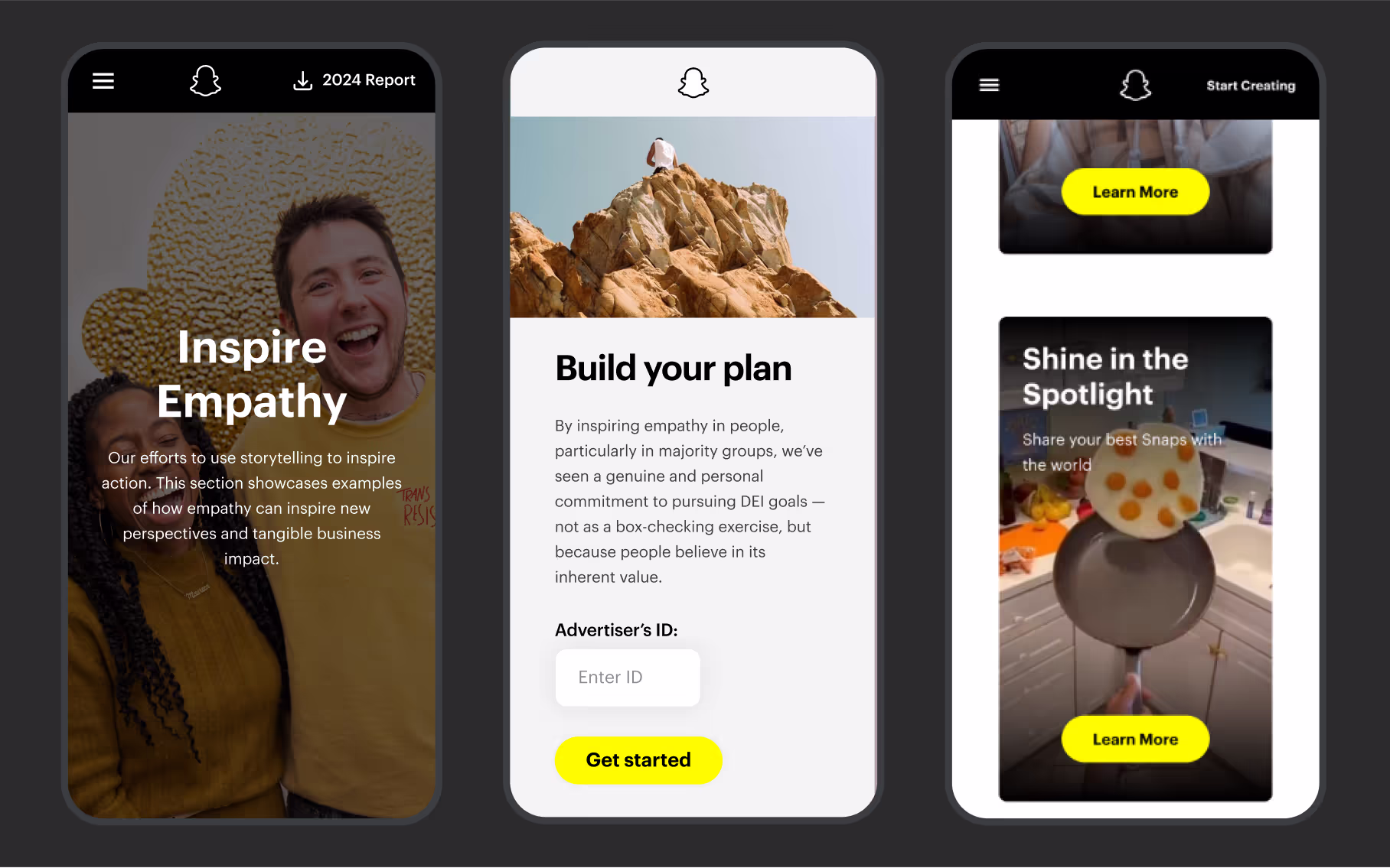 Various views of screens from Snap's mobile web platforms