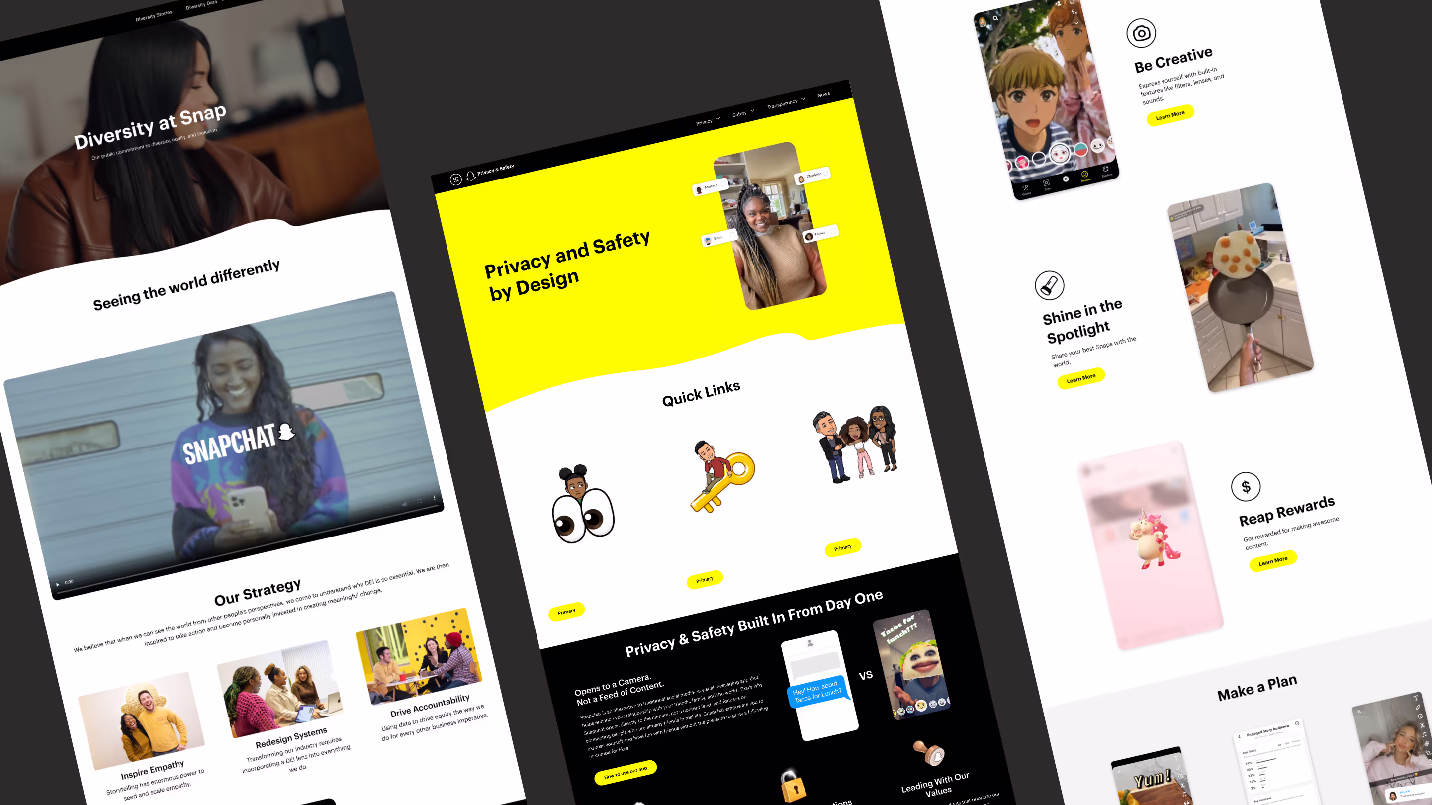 Various views of screens from Snap's web platforms