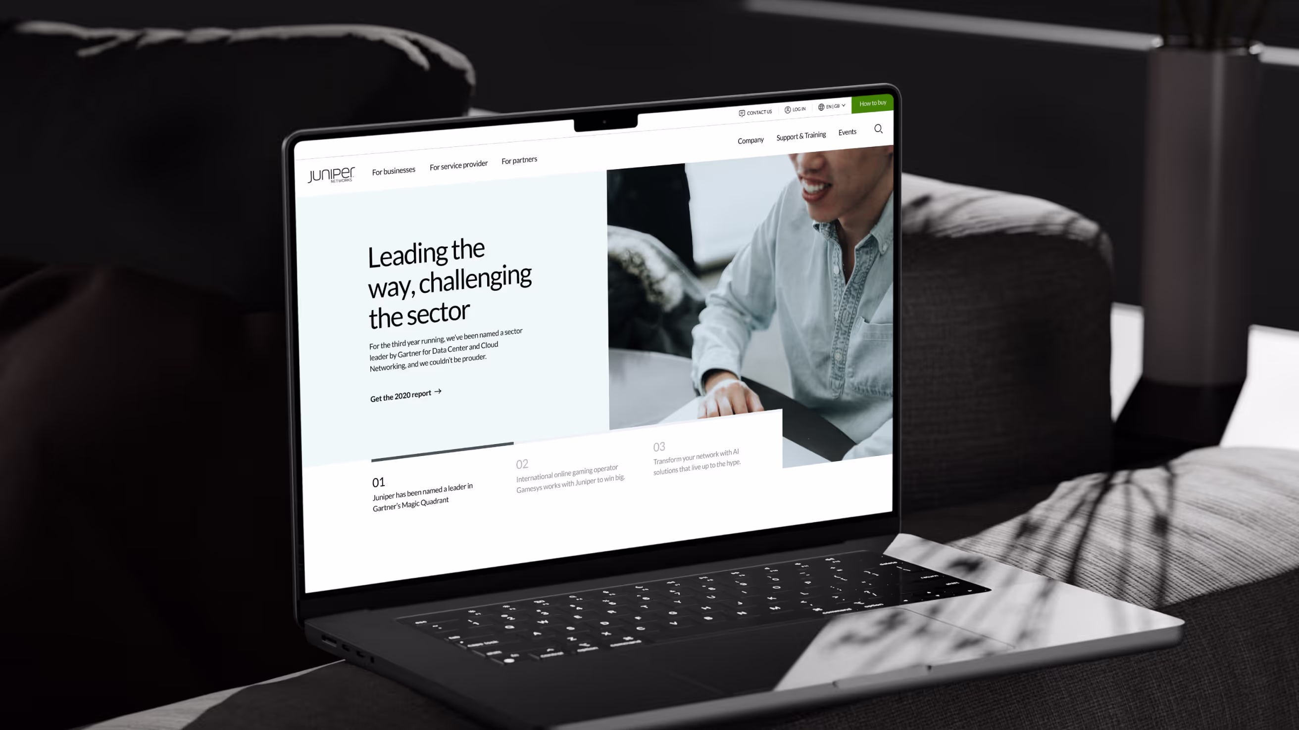A view of the Juniper Networks' homepage on a laptop