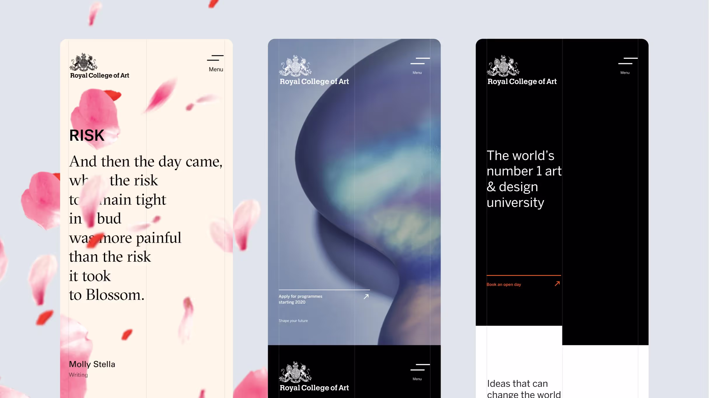 Various views of pages across the RCA's site on mobile