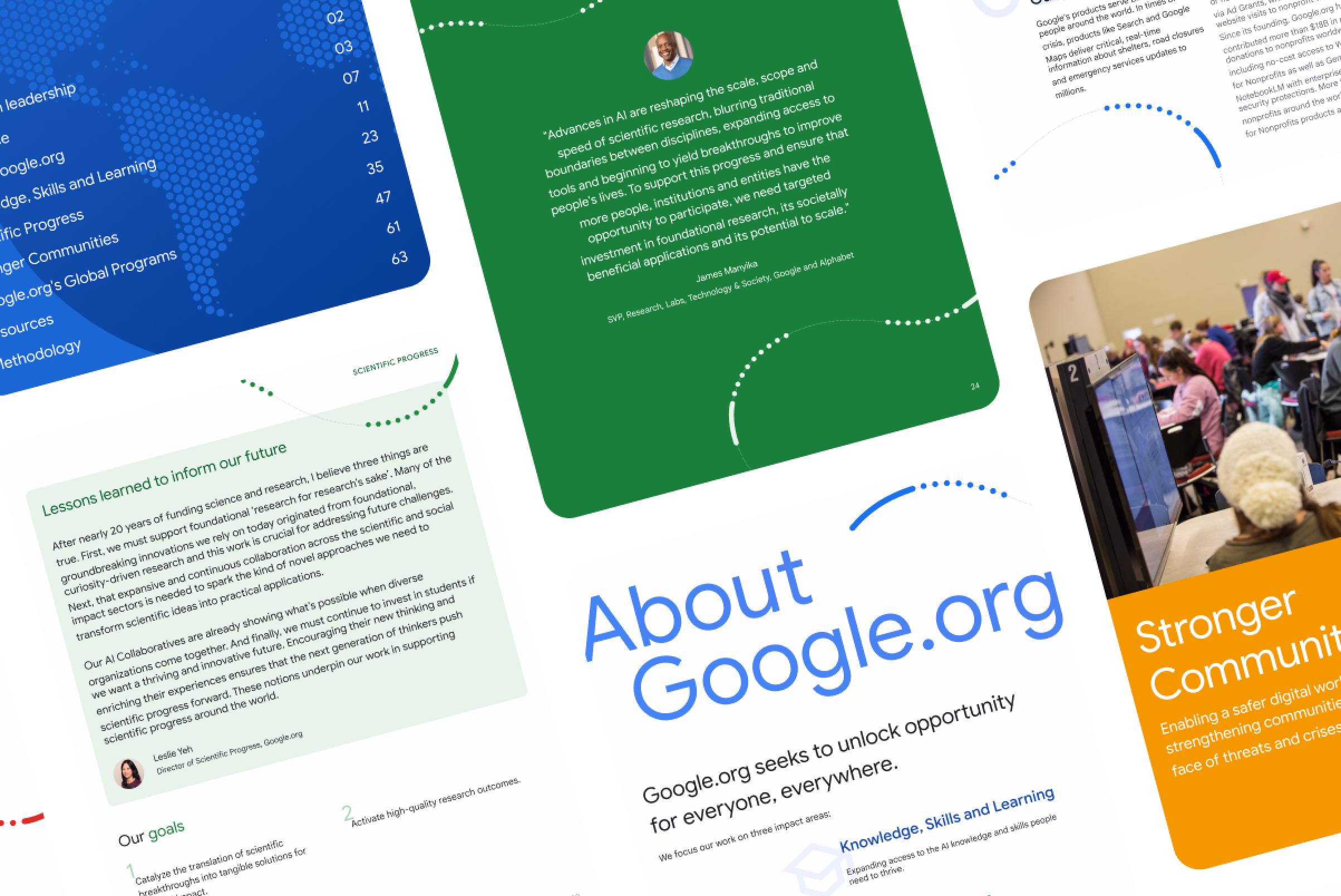 Various views of Google.org's annual impact report for 2025