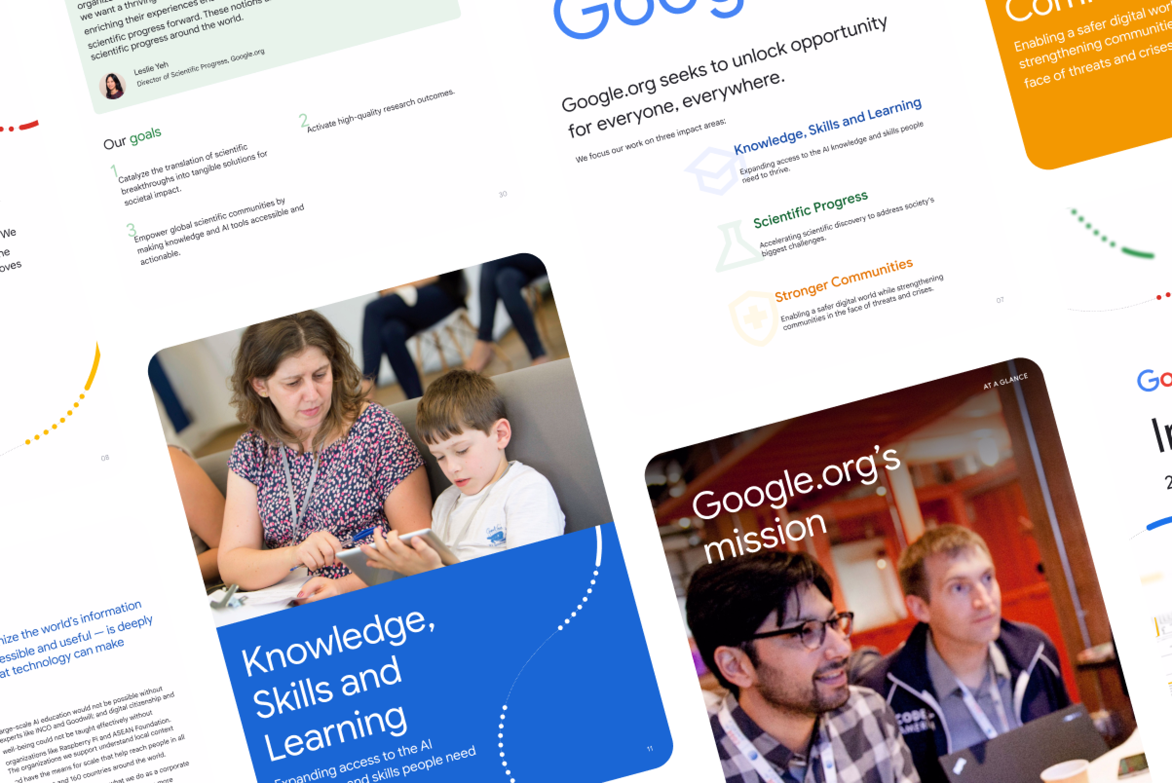 Various views of Google.org's annual impact report for 2025