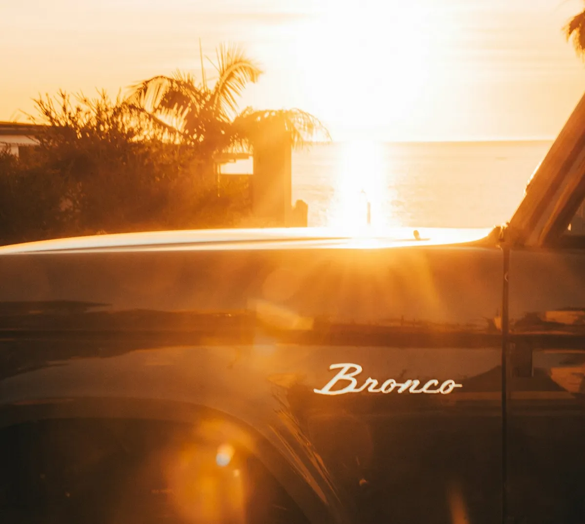Close-up of a Ford Bronco vehicle with sunlight glare and palm trees in the background.