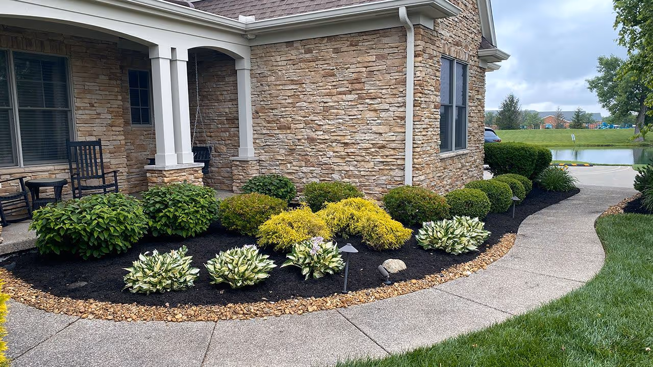 Before and after landscape transformation with new mulch