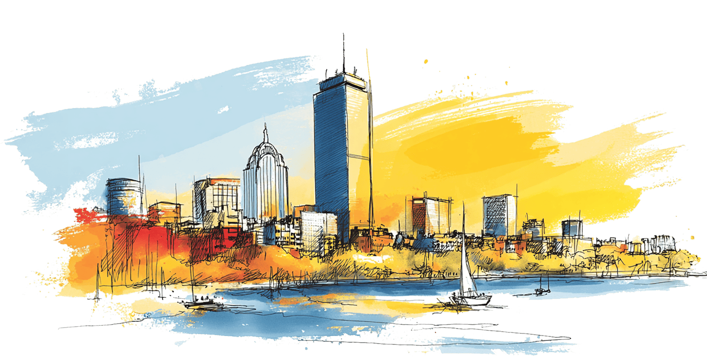 Watercolor sketch of a city skyline with tall buildings, colorful sky, and sailboats on the water.