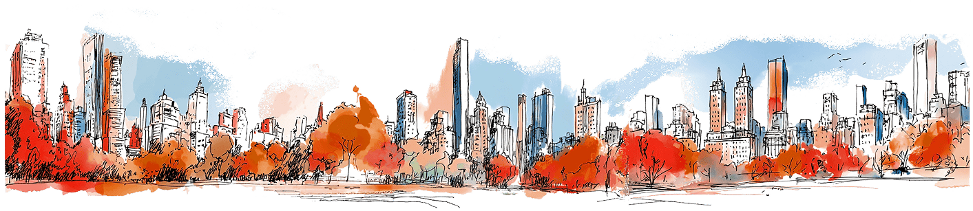 Hand-drawn panoramic city skyline with skyscrapers and trees with autumn orange and red foliage under a blue sky.