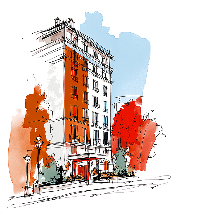 Illustration of a modern multi-story building with yellow and orange panels and large windows on a city street.