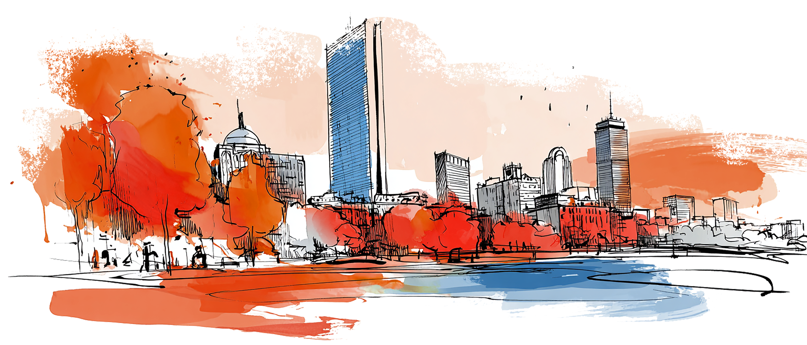 Artistic illustration of a large hotel building surrounded by red and orange autumn trees with mountains in the background.