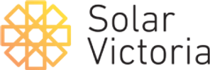 Logo for Solar Victoria featuring a stylized orange and yellow sunburst graphic to the left of the text 'Solar Victoria' in black font.