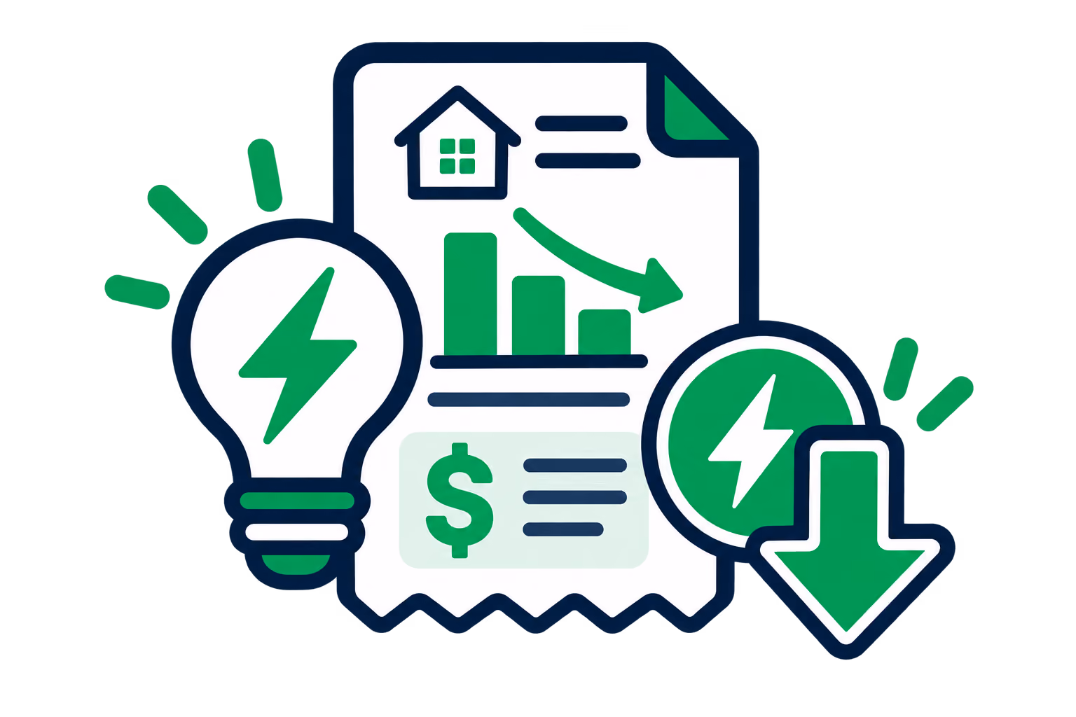 Illustration of a paper bill with a house icon, a descending bar chart, and a dollar sign, flanked by a lightbulb and a circular energy icon with a downward arrow, symbolizing energy savings and cost reduction.