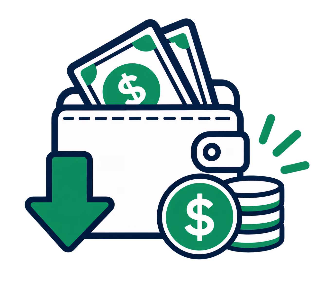 Illustration of a white wallet with green dollar bills sticking out, a stack of coins with a dollar sign in front, and a large green downward arrow on the left side.