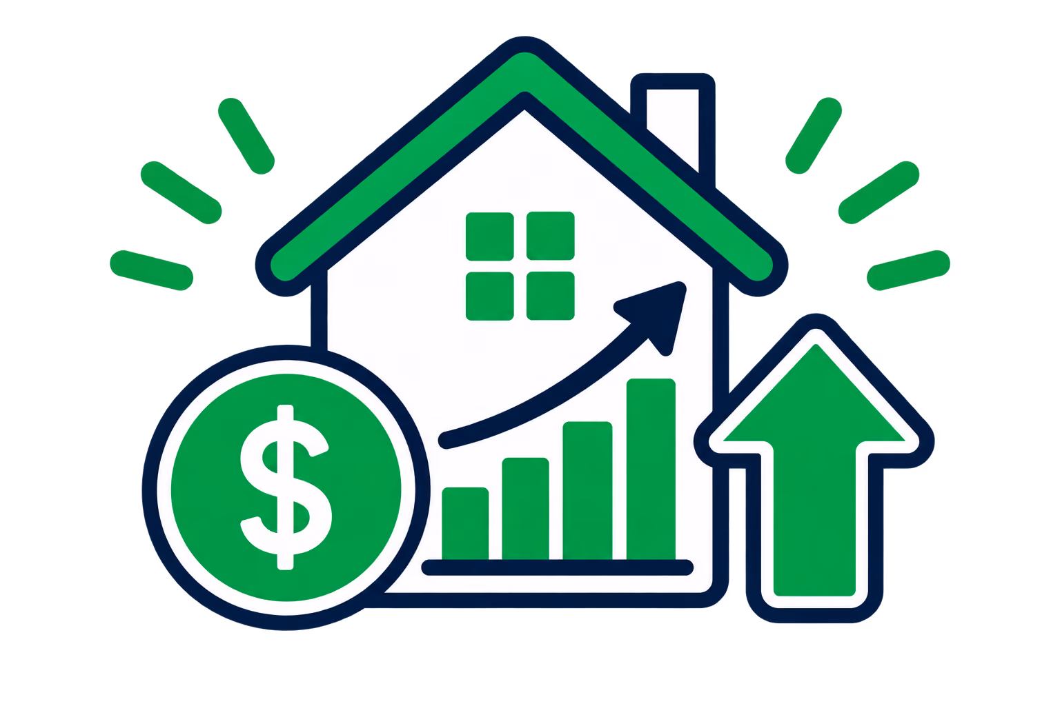 Icon of a white house with a green roof, window, and chimney, featuring a rising bar chart with an arrow, a dollar sign coin on the left, and an upward green arrow on the right, symbolizing increasing home value or real estate prices.