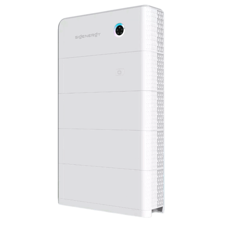 White rectangular modular energy storage unit with four horizontal segments and a circular indicator light near the top right corner on a gray background.