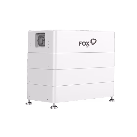 White rectangular Fox ESS battery storage unit with a compact design and a small access panel on the upper left side.