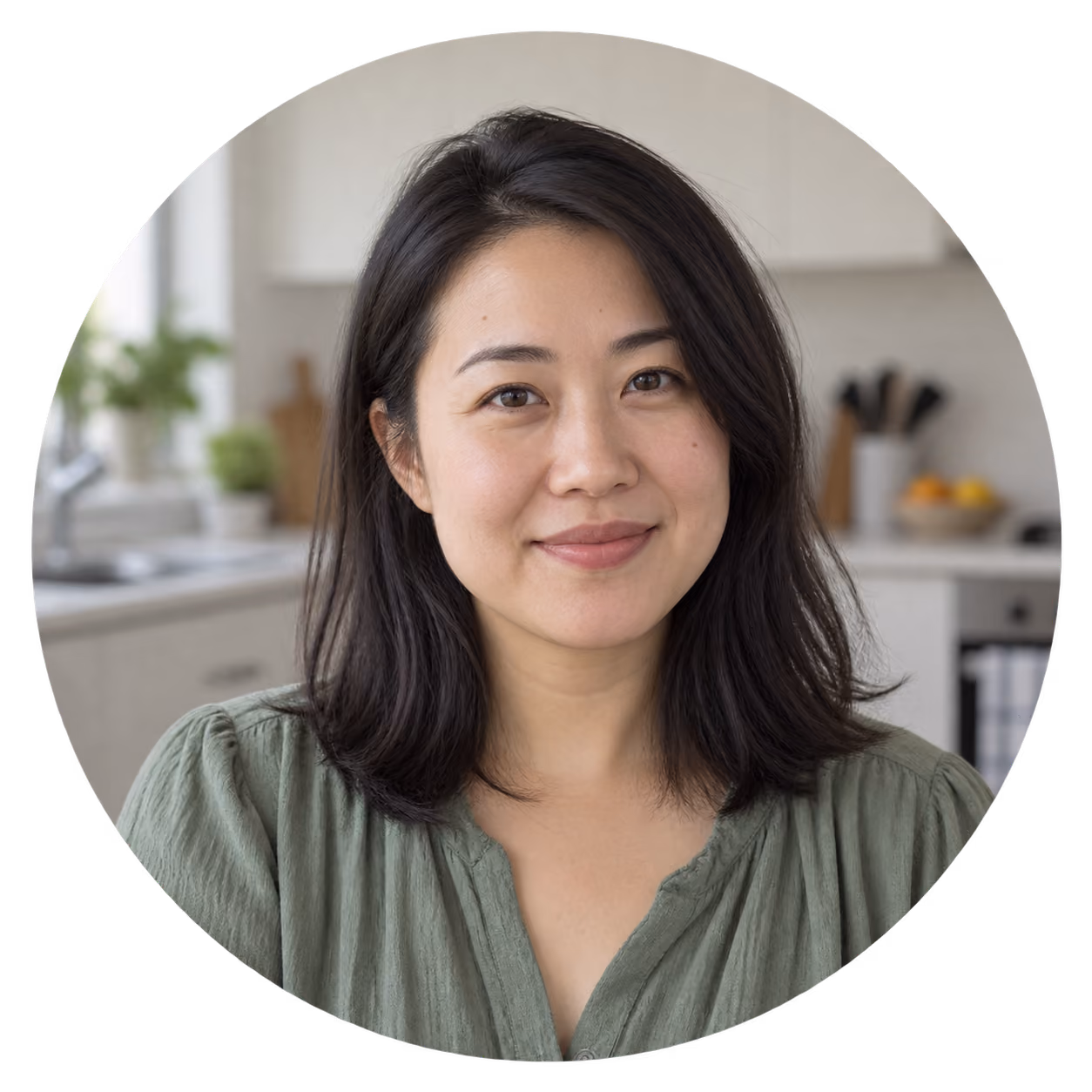Portrait of a woman with shoulder-length dark hair wearing a green top, smiling softly in a kitchen setting with blurred background.