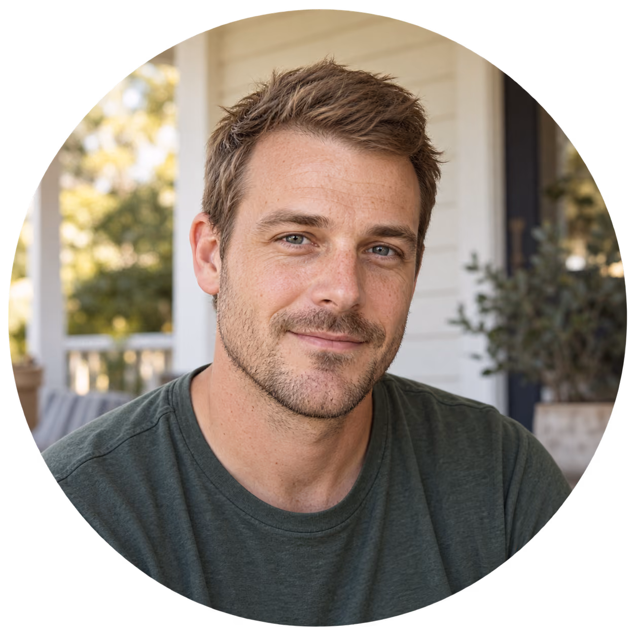 Smiling man with short light brown hair, light beard, and blue eyes wearing a green T-shirt sitting outdoors on a porch with blurred plants and railing in the background.