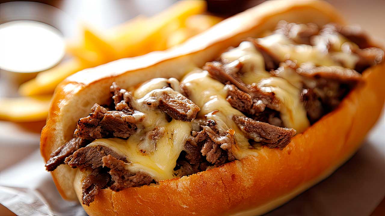 Close-up of a Philly cheesesteak sandwich with melted cheese and sliced beef in a hoagie roll with fries in the background.