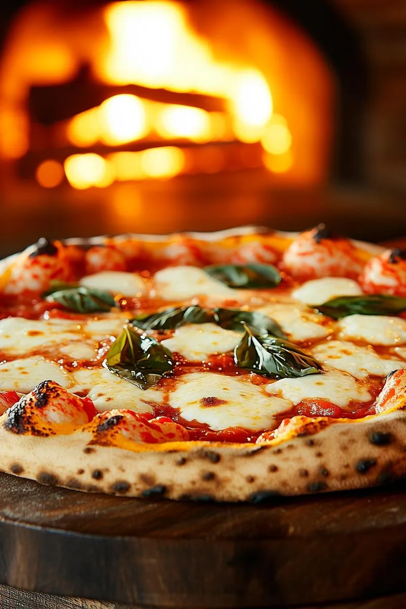 Close-up of a Margherita pizza with melted mozzarella and basil leaves on a wooden board, with a blurry wood-fired oven flame in the background.