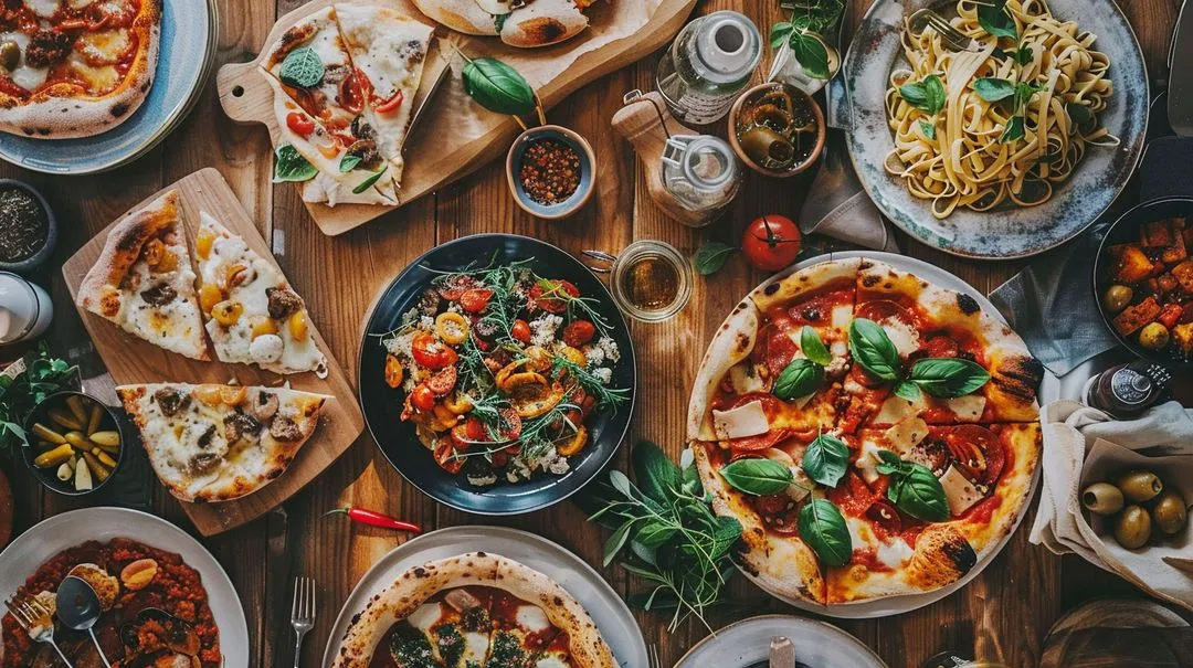 A vibrant spread of Italian dishes on a wooden table includes pizzas, pasta, salad, and olives. Fresh basil and colorful ingredients create a lively, appetizing scene.