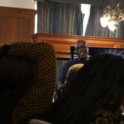 Website blog page featuring large 'Blogs' text, navigation menu, and previews of blog posts with abstract images and titles about design and development.