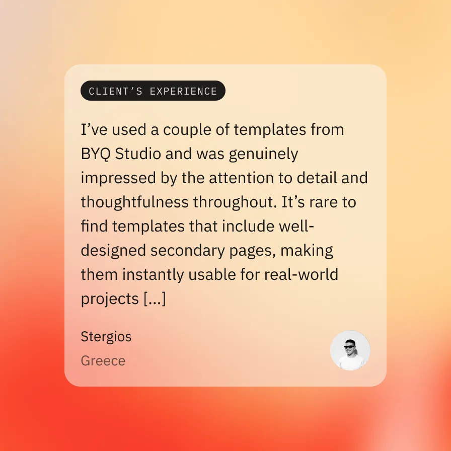 Testimonial card with a short client quote displayed on a warm orange gradient background.