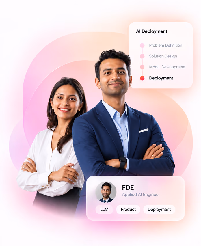 Smiling man and woman standing confidently with arms crossed in front of AI deployment status graphics.