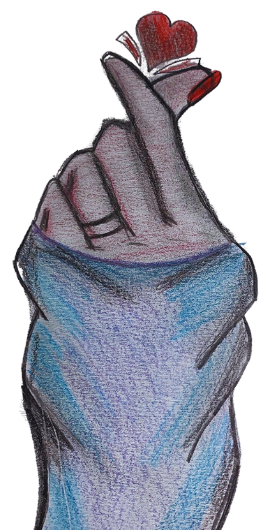 Hand in blue sleeve making a finger heart gesture with two small red hearts above fingers.
