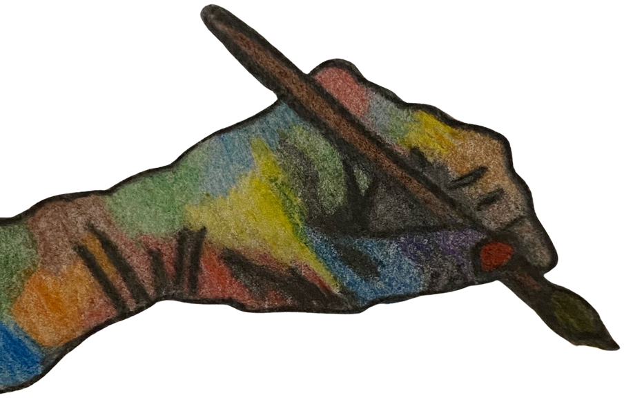 Colored drawing of a hand holding a paintbrush with multiple colors on the hand and brush tip.