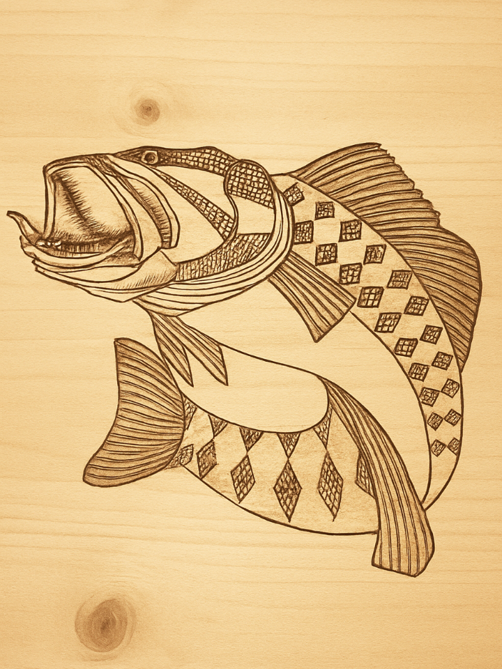 Wood-burned art of a stylized jumping trout with diamond patterns on a wooden board.