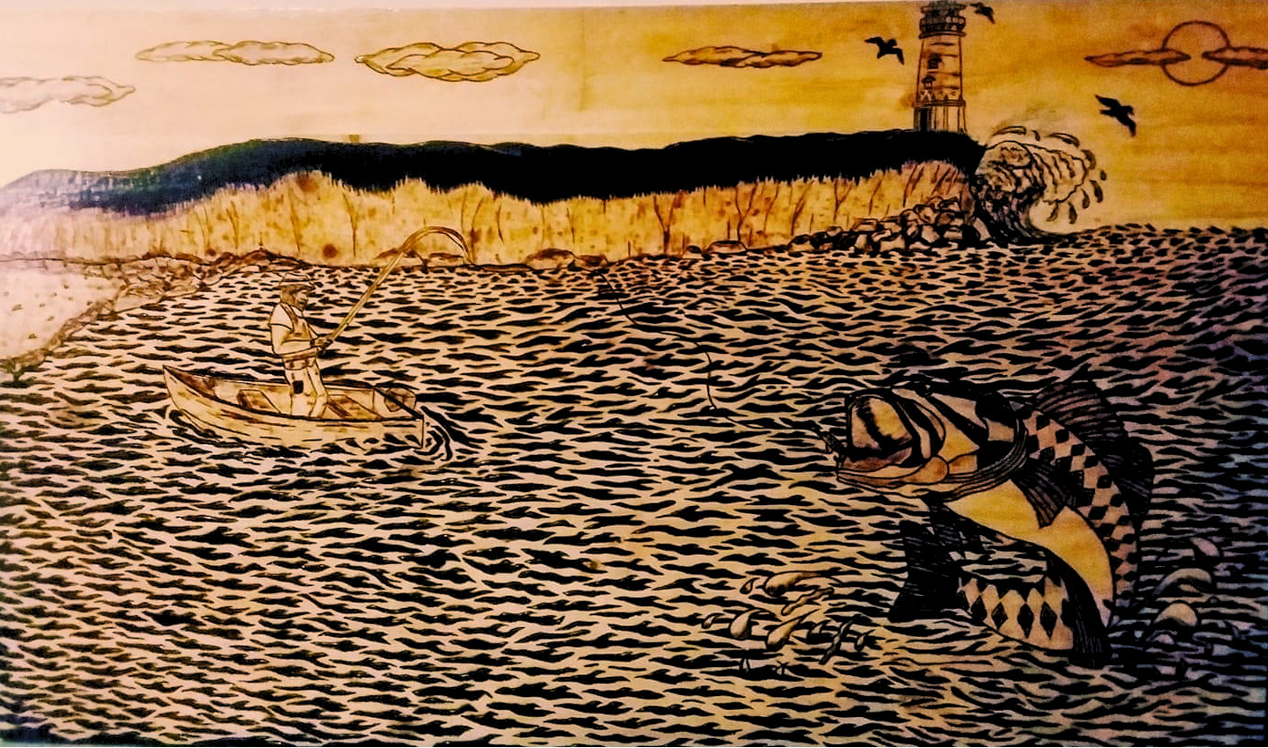 Illustration of a man fishing from a small boat as a large patterned fish jumps out of the water near a lighthouse.